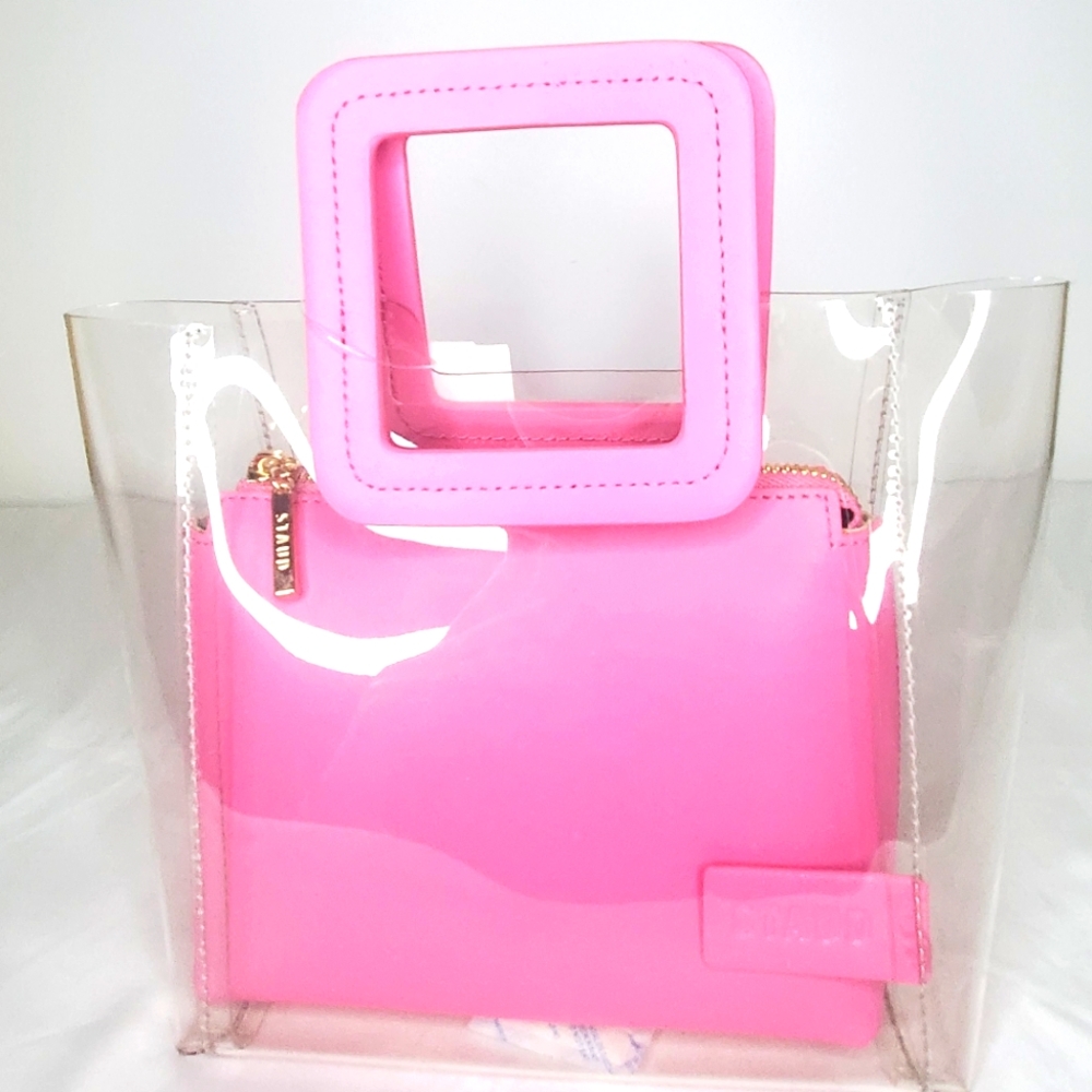 NWT STAUD -Mini "SHIRLEY"Tote Transparent Pouch handbag -Clear PVC/Pink Leather
